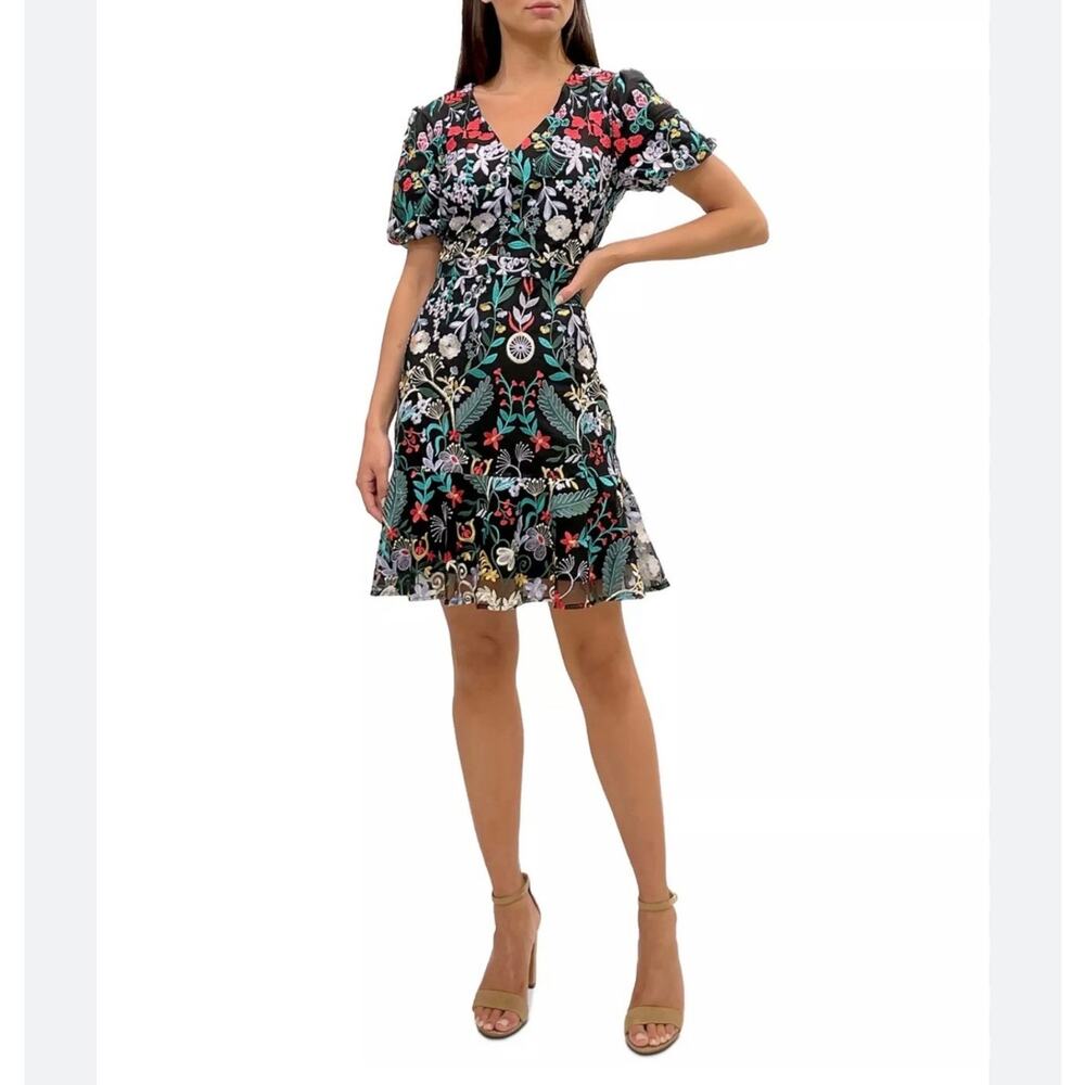Sam Edelman Puff Sleeve  Embroidered Floral A-Line Mesh Dress Size 2‎